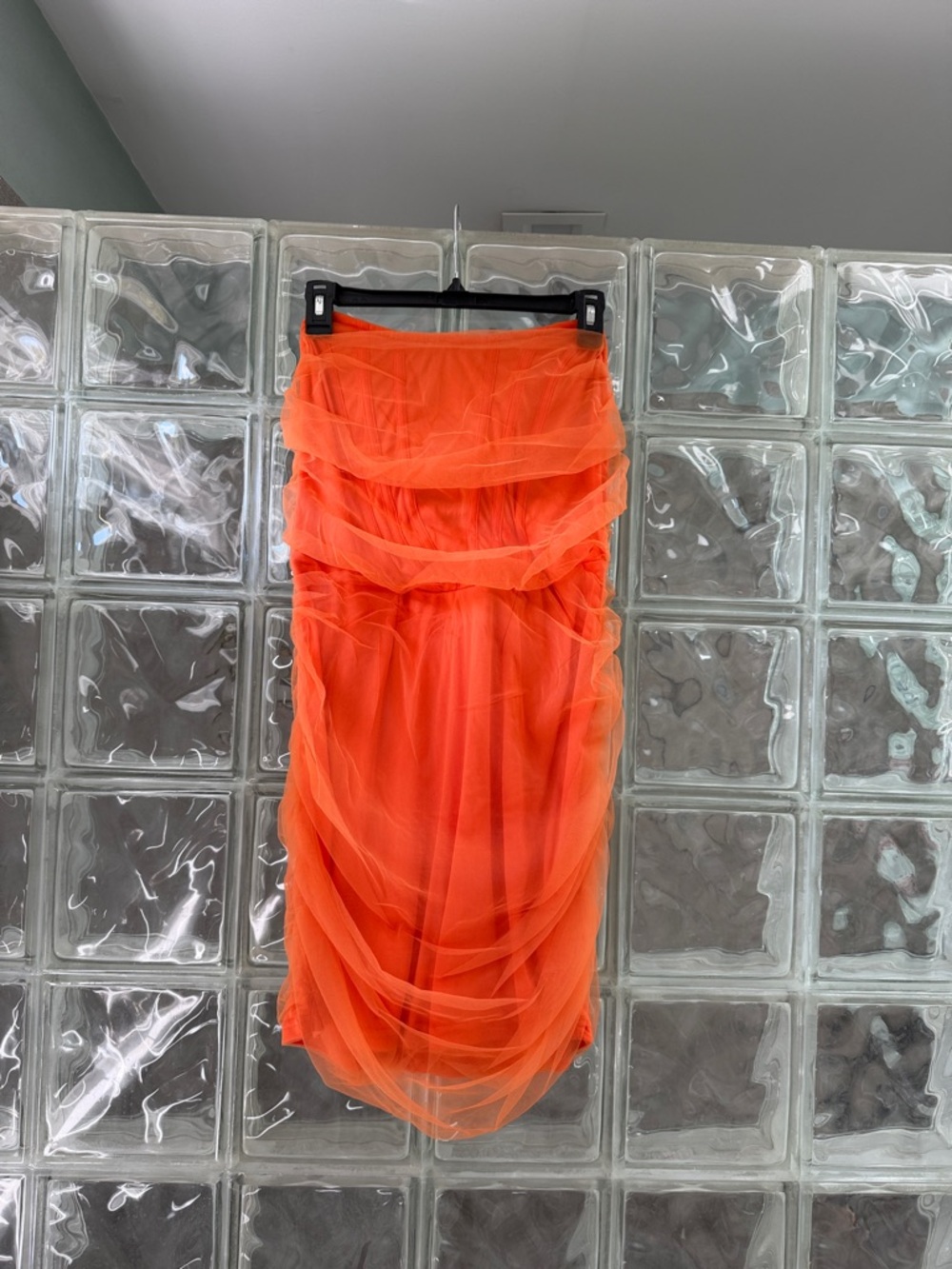 Bright Orange Sheer Layered Midi Corset Top Strapless Dress
